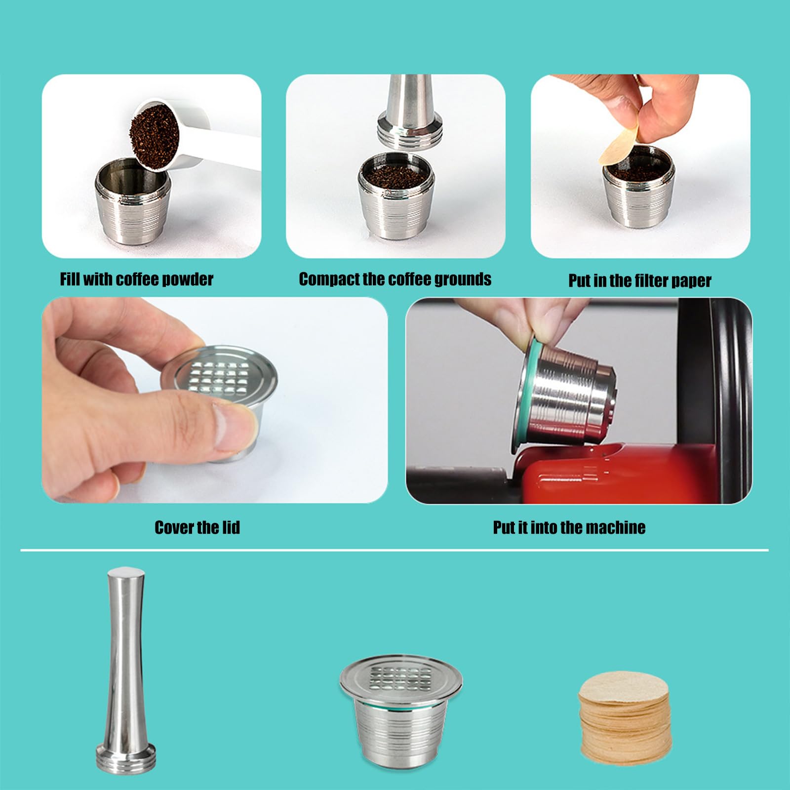 Greabuy Cápsulas de café de acero inoxidable con cuchara, papel de filtro y cepillo para mantenimiento de máquinas, juego de accesorios de café