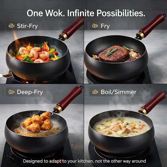 Wok de Hierro sin Recubrimiento con Tapa de Madera, 8 pulgadas miniatura 6