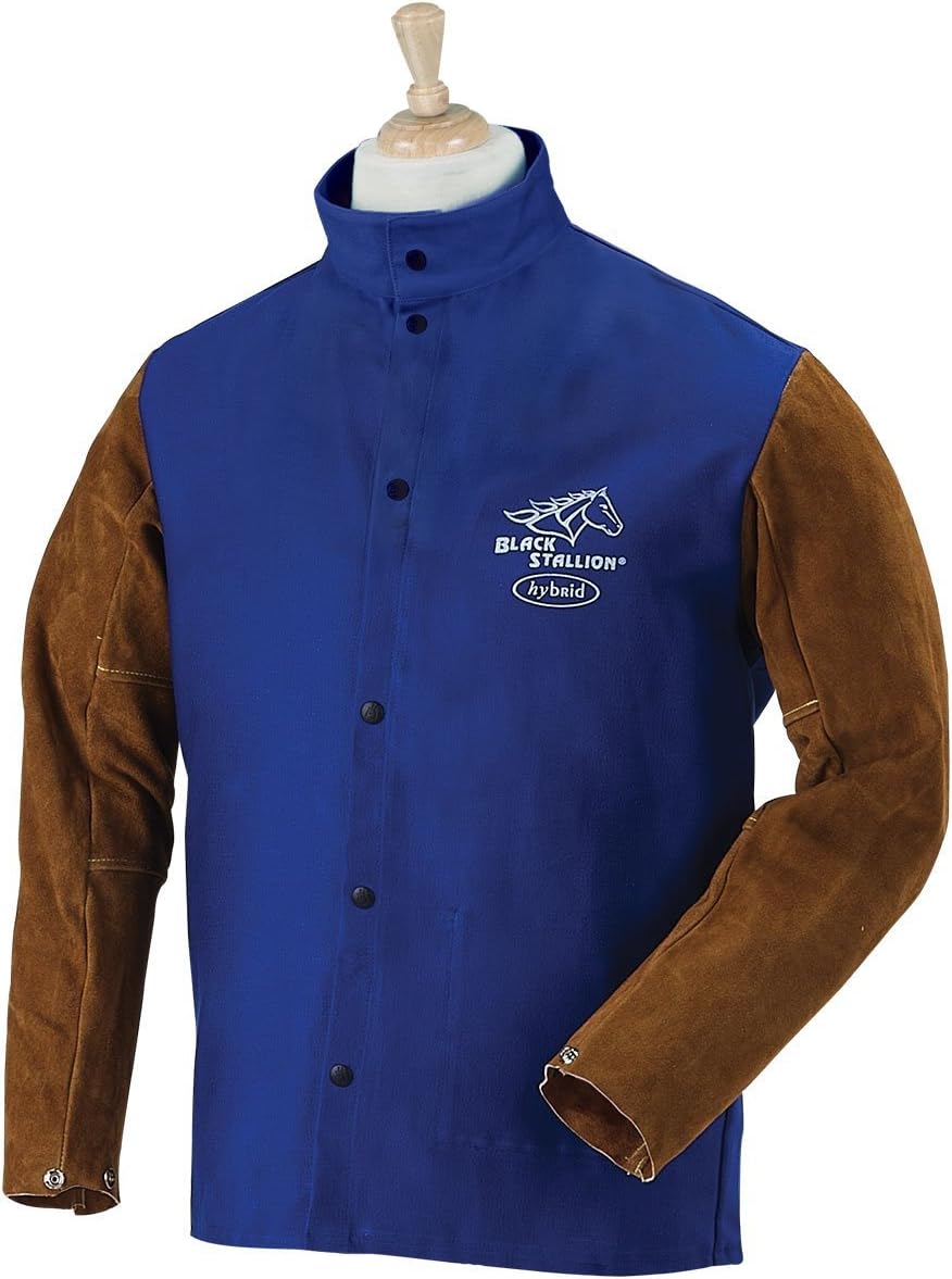 Black Stallion (FRB9-30C/BS) 30" Length, 9 oz Flame-Resistant Cotton & Cowhide Hybrid Welding Jacket, Standup Welder's Collar, Dual Scribe Pockets, Large, Royal Blue and Brown