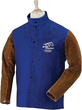 Black Stallion FRB9-30C/BS 30" Length, 9 oz Flame-Resistant Cotton & Cowhide Hybrid Welding Jacket, Standup Welders Collar, Dual Scribe Pockets, Large, Royal Blue and Brown