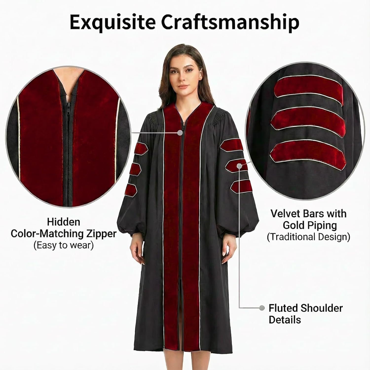 Doctoral Regalia Set with PhD Hood and 8-Side Tam Graduation Gown with Gold Piping and Velvet Trim Ceremony Attire