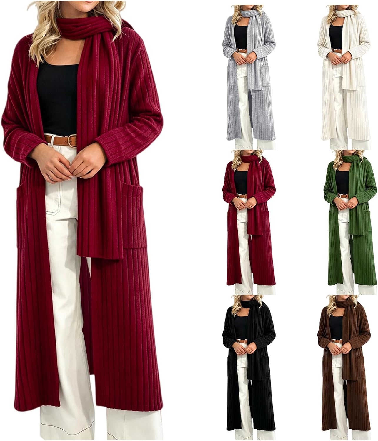 Long Sweater Cardigan Women Cable Knit Side Slit Chunky Cardigan with Scarf | Fall Winter Loose Open Front Oversized Sweater Trendy Casual Drape Knitted Duster Coat Long Sleeve V Neck Cardigans