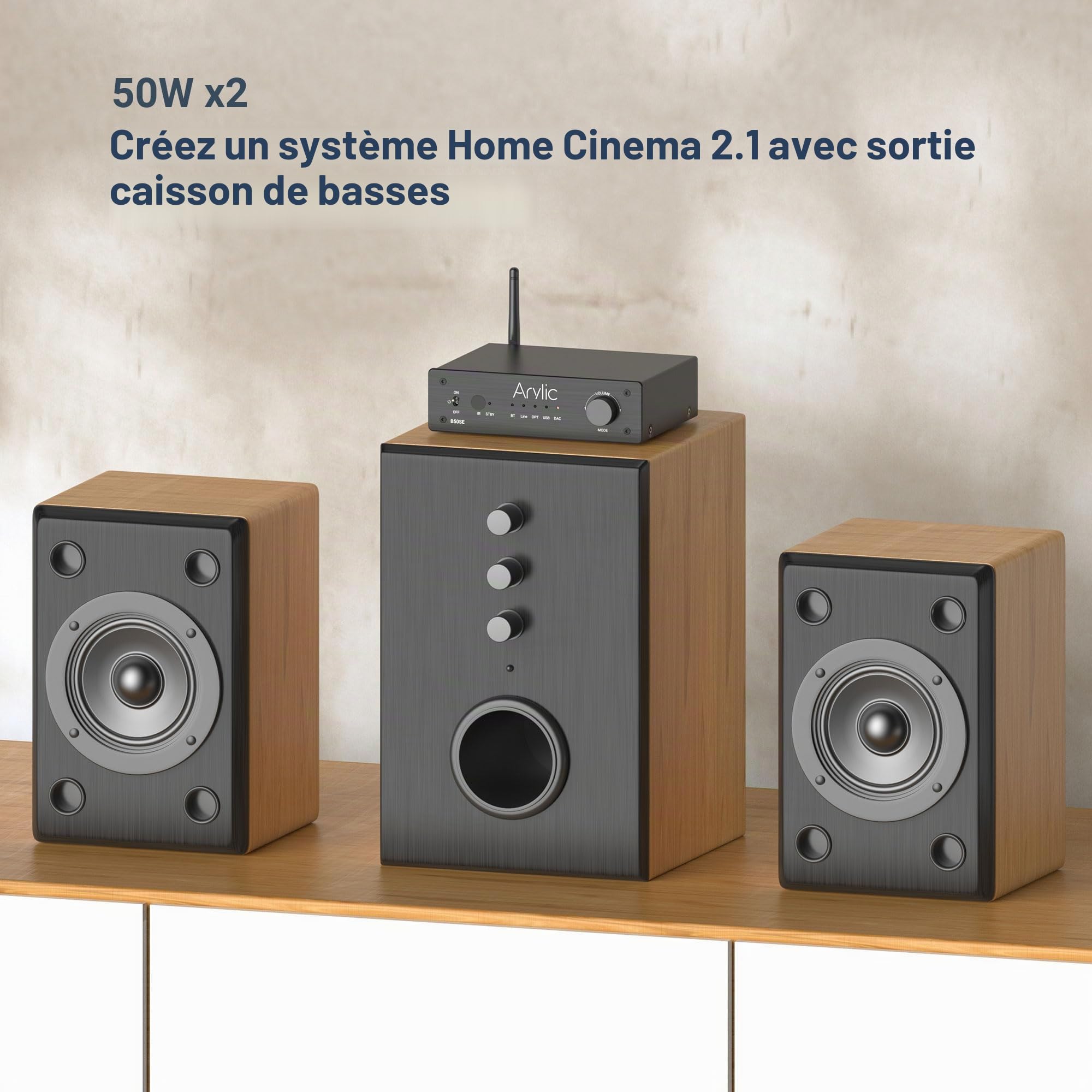 Arylic B50SE Récepteur stéréo Bluetooth 5.1 2.1 canaux Mini amplificateur de haut-parleur intégré Classe D 50 W x 2, stable et à distance, application de contrôle Go et égaliseur facile de contrôle