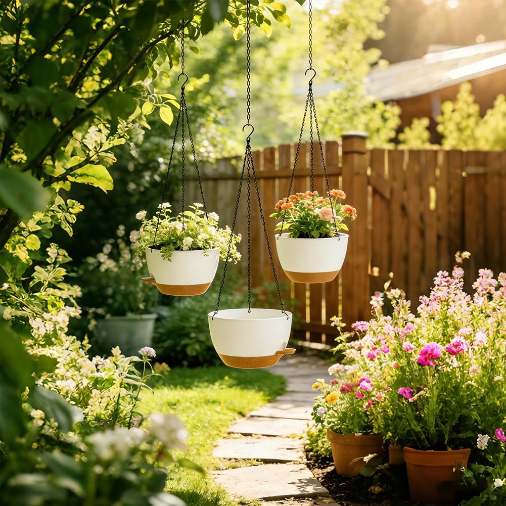FARYODI Jardinières suspendues auto-arrosantes, 3 pièces, blanches | Pot de fleurs suspendu 25 cm, avec drainage pour balcon, salon, cuisine, jardin