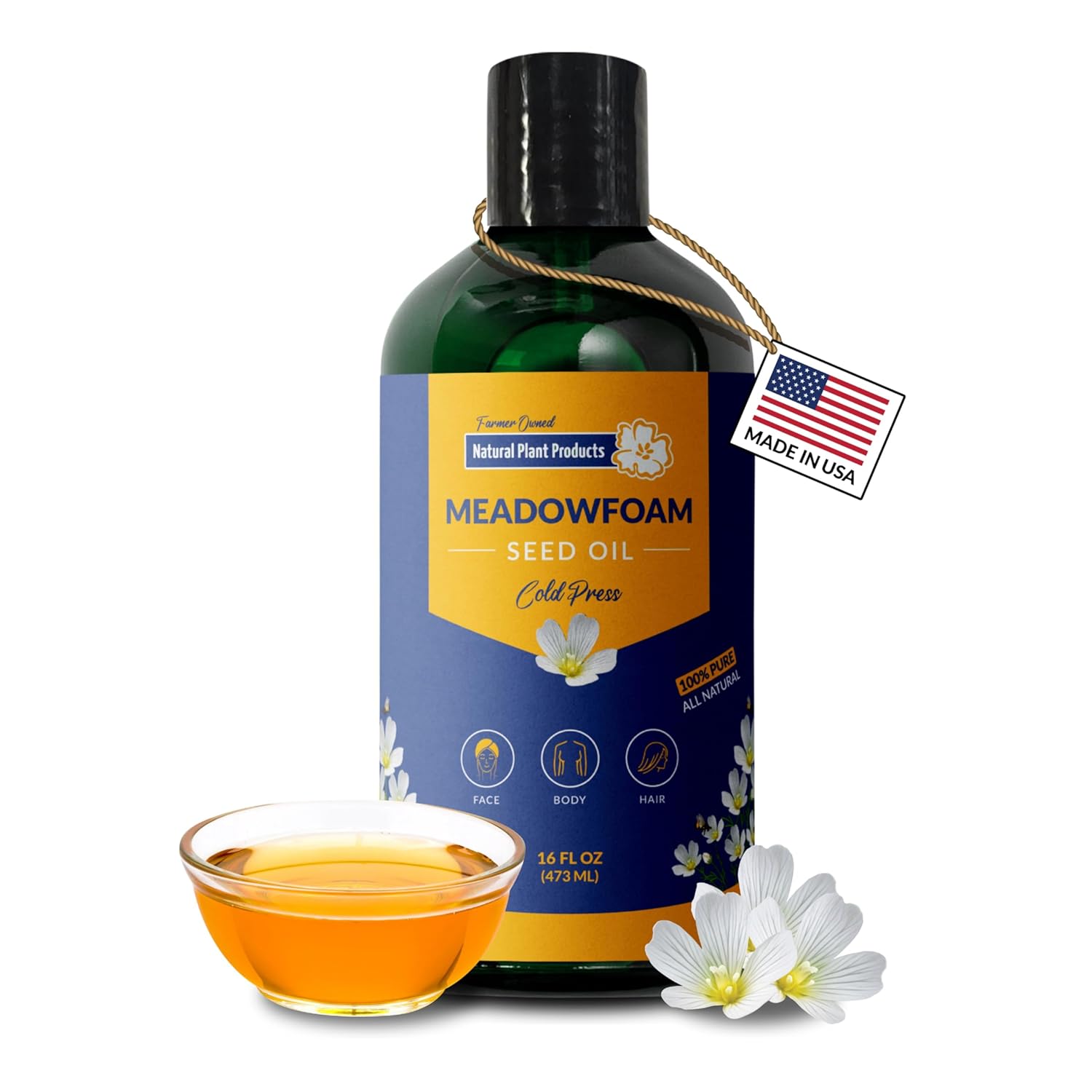 Meadowfoam Cold Pressed Oil - 100% Natural Virgin, Antioxidant Rich Moisturizer for Face, Body, Hair. Deep Moisture Lock, Silky Non-Greasy Finish. Direct from Sustainable Oregon Farms (16 fl oz)