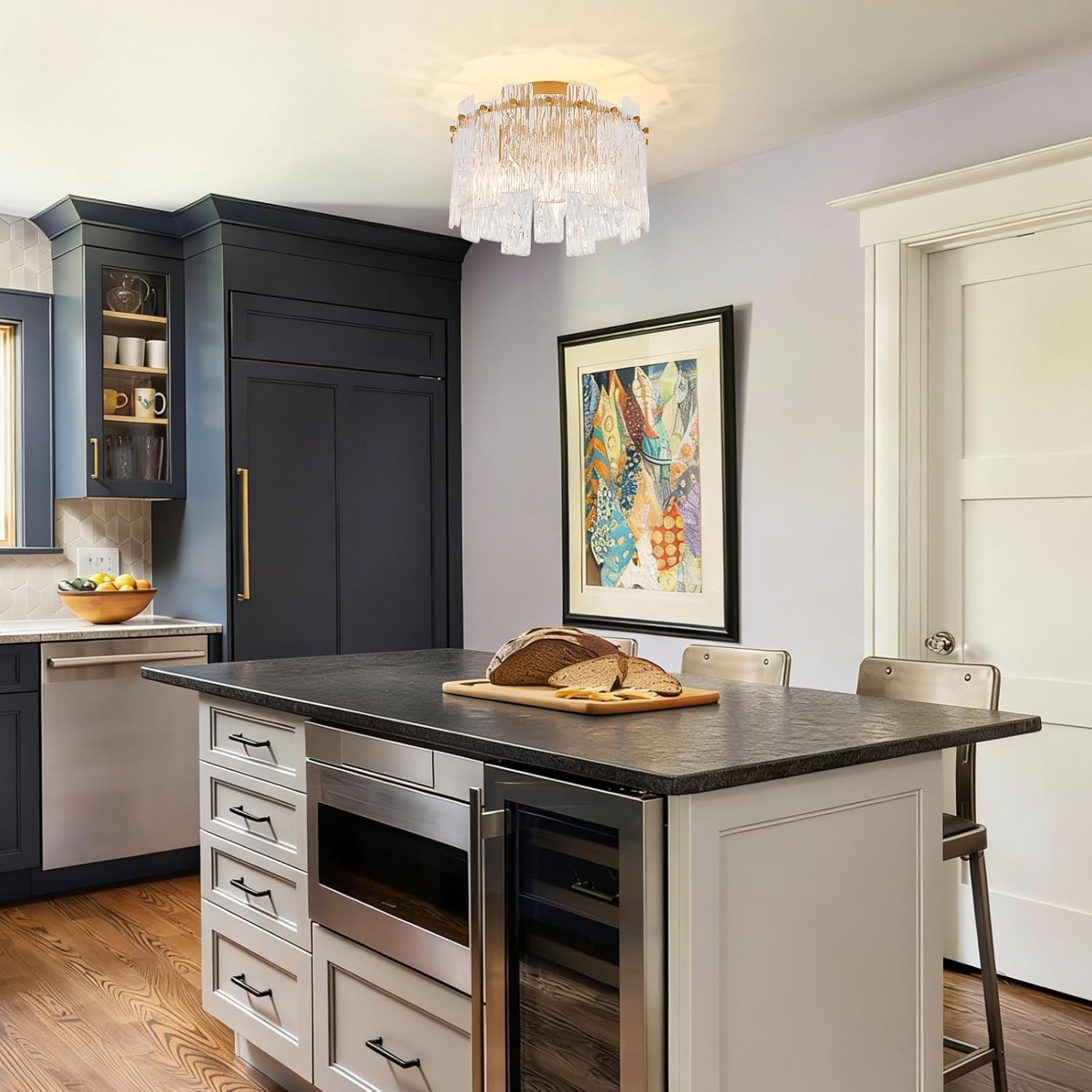 Modern Semi Flush Mount Ceiling Light 3-Light Gold Glass Chandelier Hallway Light Fixtures Ceiling Mount 12.75’’ Crystal Ceiling Lighting for Foyer Bedroom Entryway Kitchen