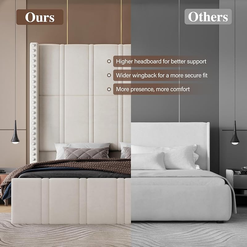 Queen Bed Frame with 65.75" Tall Headboard, Beige image 6