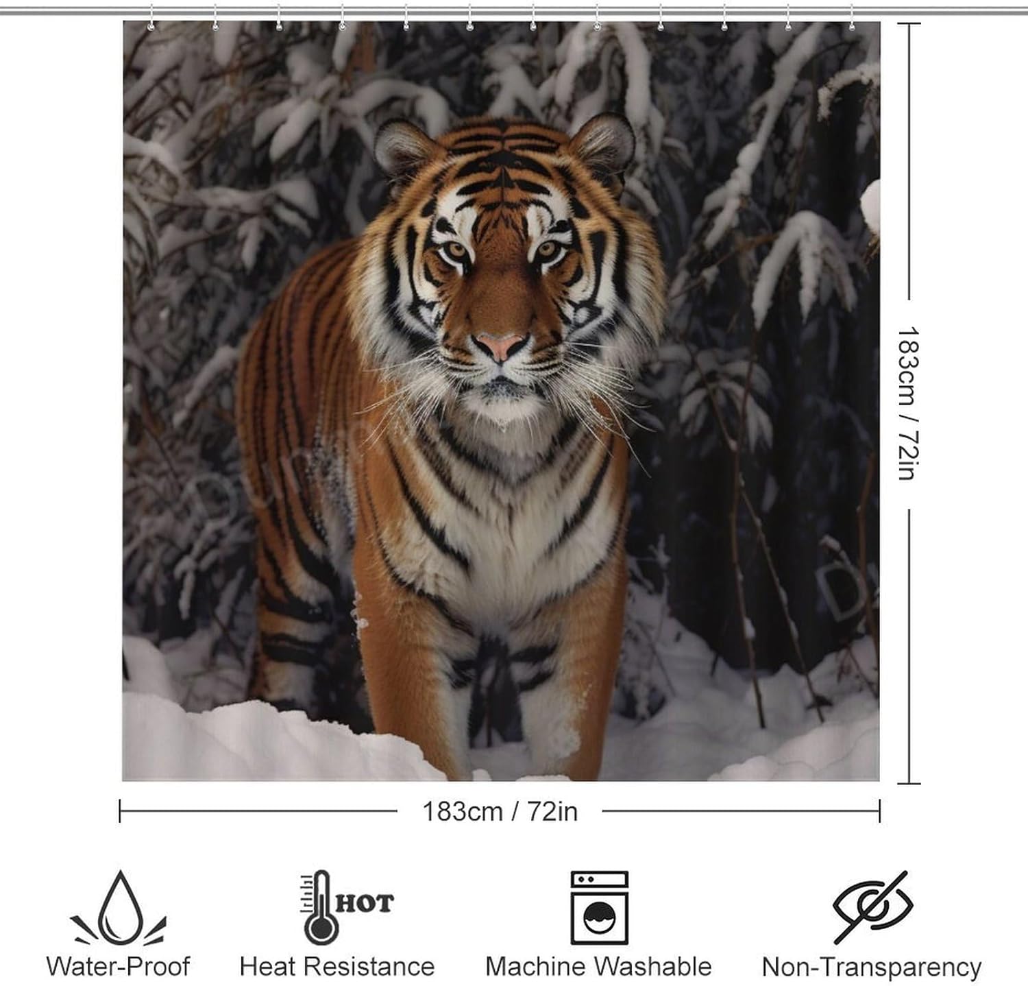 4 Pieces Funny Tiger Shower Curtain Set Winter Countryside Forest Nature Animal Picture on Non-Slip Rugs Toilet Lid Cover Bath Mat and Bathroom Curtain with 12 Hooks,72x72 Inch