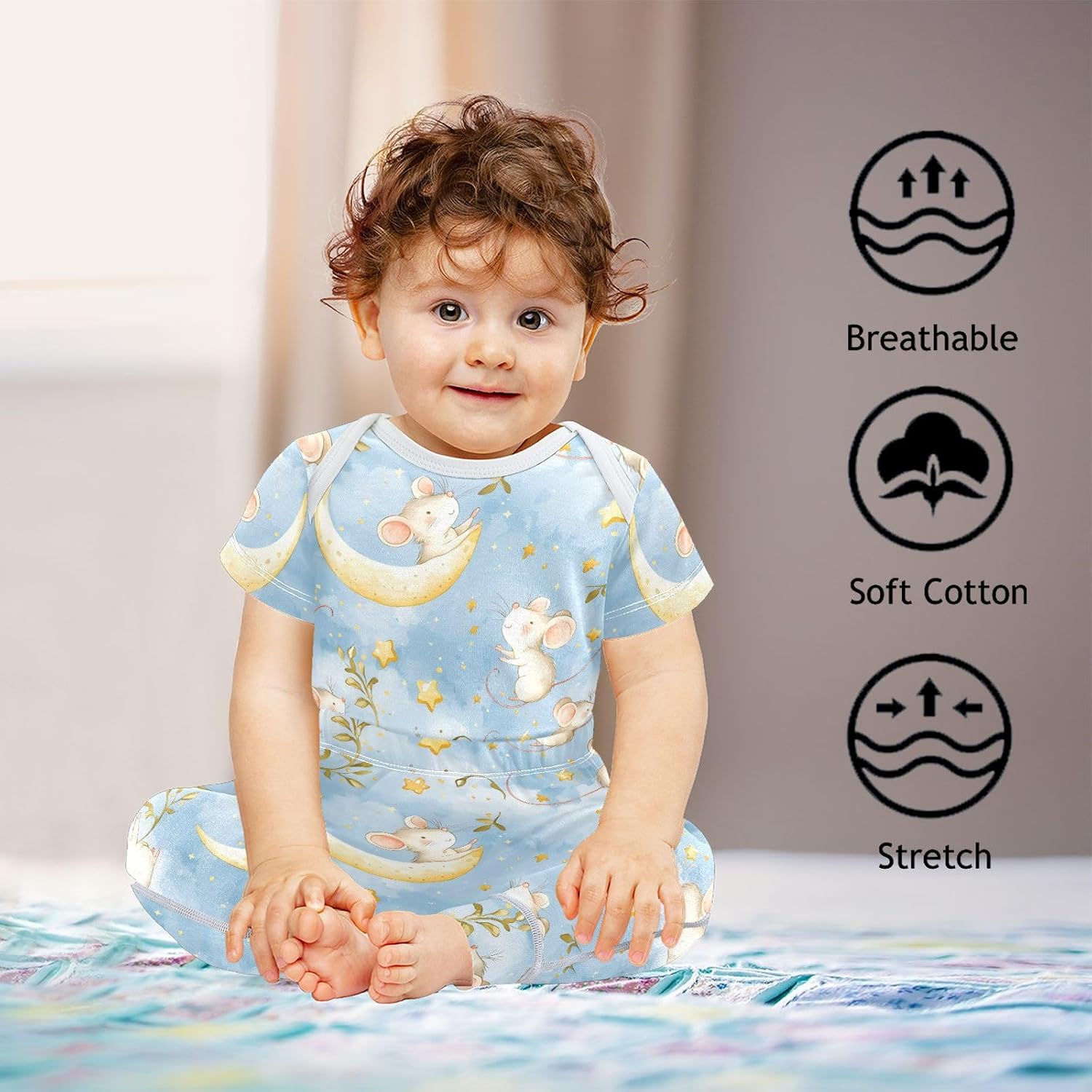 vvfelixl Baby Clothes Mouse on Moon Stars Baby Bodysuits Set Unisex Short Sleeve Babys Pants Sets 0-3M