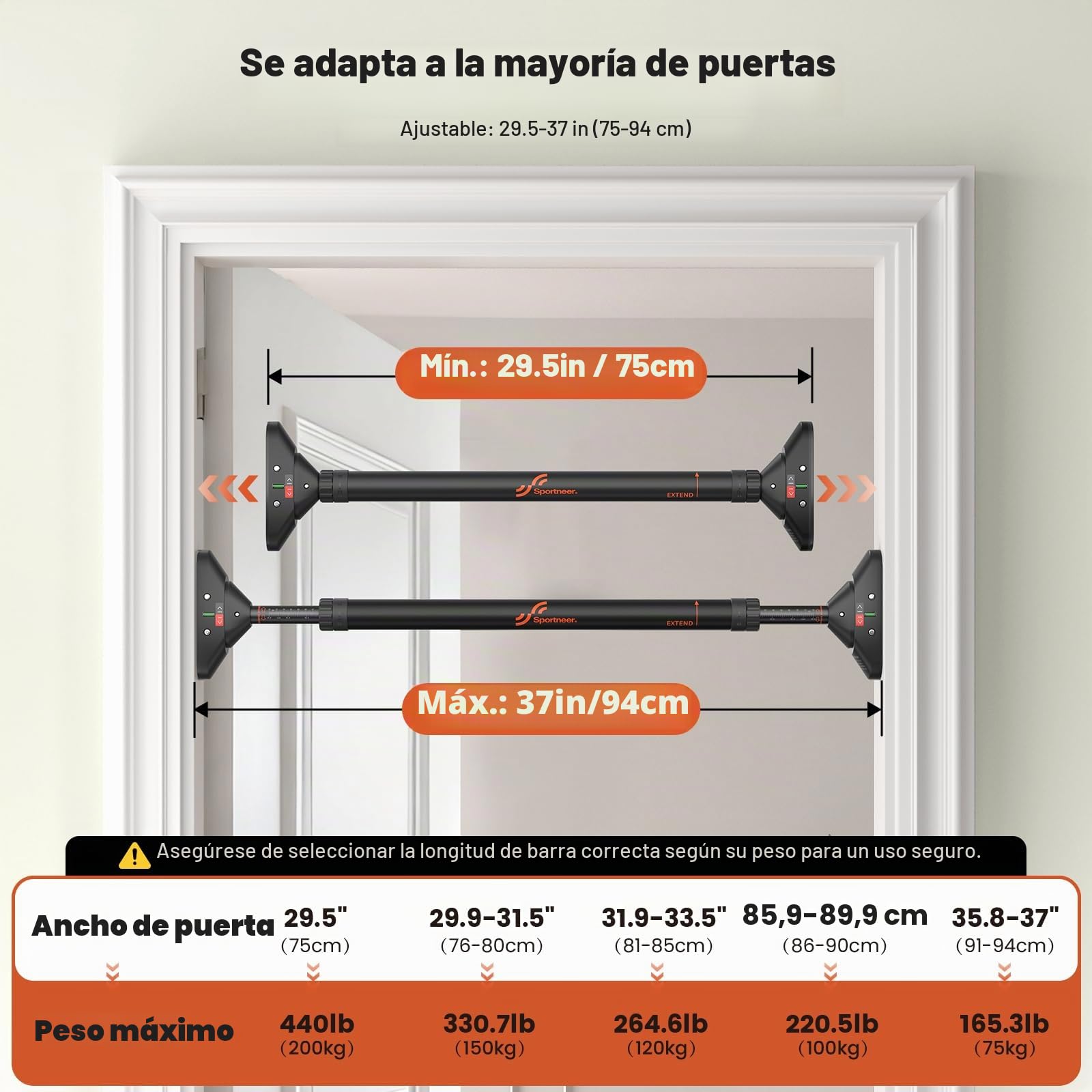 Sportneer Barra de dominadas para puerta, barra de dominadas, sin tornillos, marco de puerta, barra ajustable de 75 a 94 cm, hasta 200 kg de capacidad, barra de entrenamiento