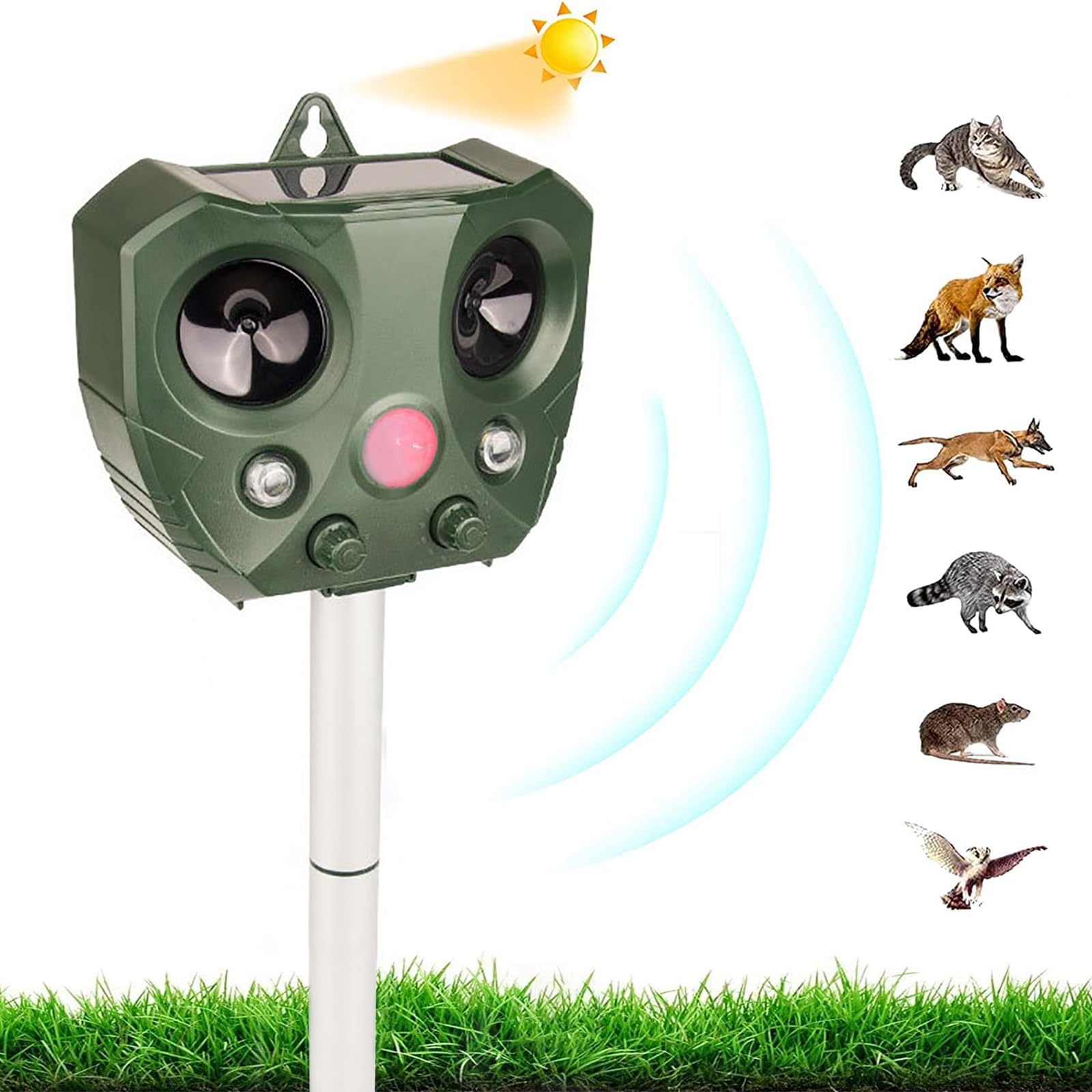 Répulsif Animaux Solaire, Repulsif Chat Exterieur, Ultrason Oiseau, Répulsif Souris, Ultrason Charge Solaire, Chargement USB, Jardin pour Cours, Fermes, Champs (A)