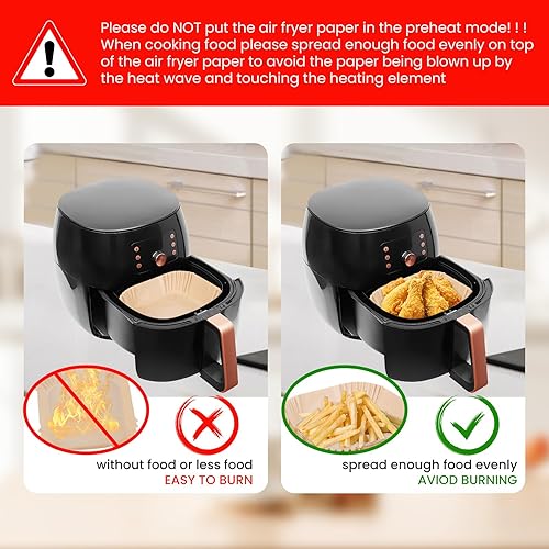 Miniatura 6 de Revestimientos de papel para freidora de aire 100 piezas de forros desechables para freidora de aire, papel pergamino cuadrado antiadherente de 8