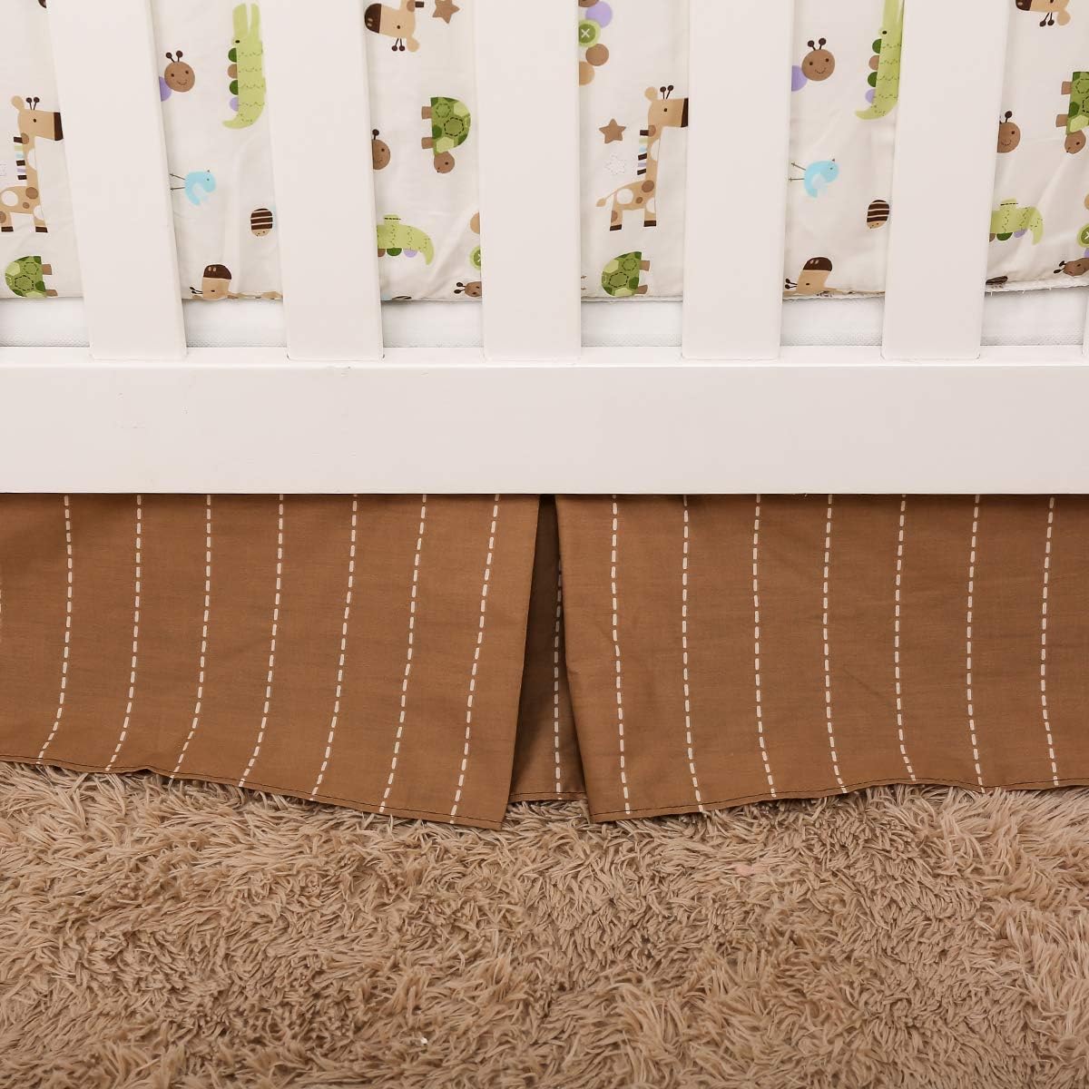 4 PCs Brown Giraffe Crocodile Turtle Caterpillar Nursery Crib Bedding Set Brown Green Wild Animal Theme Baby Boy Cot Bedding Set Quilt, Fitted Sheet, Skirt, Diaper Storage Bag