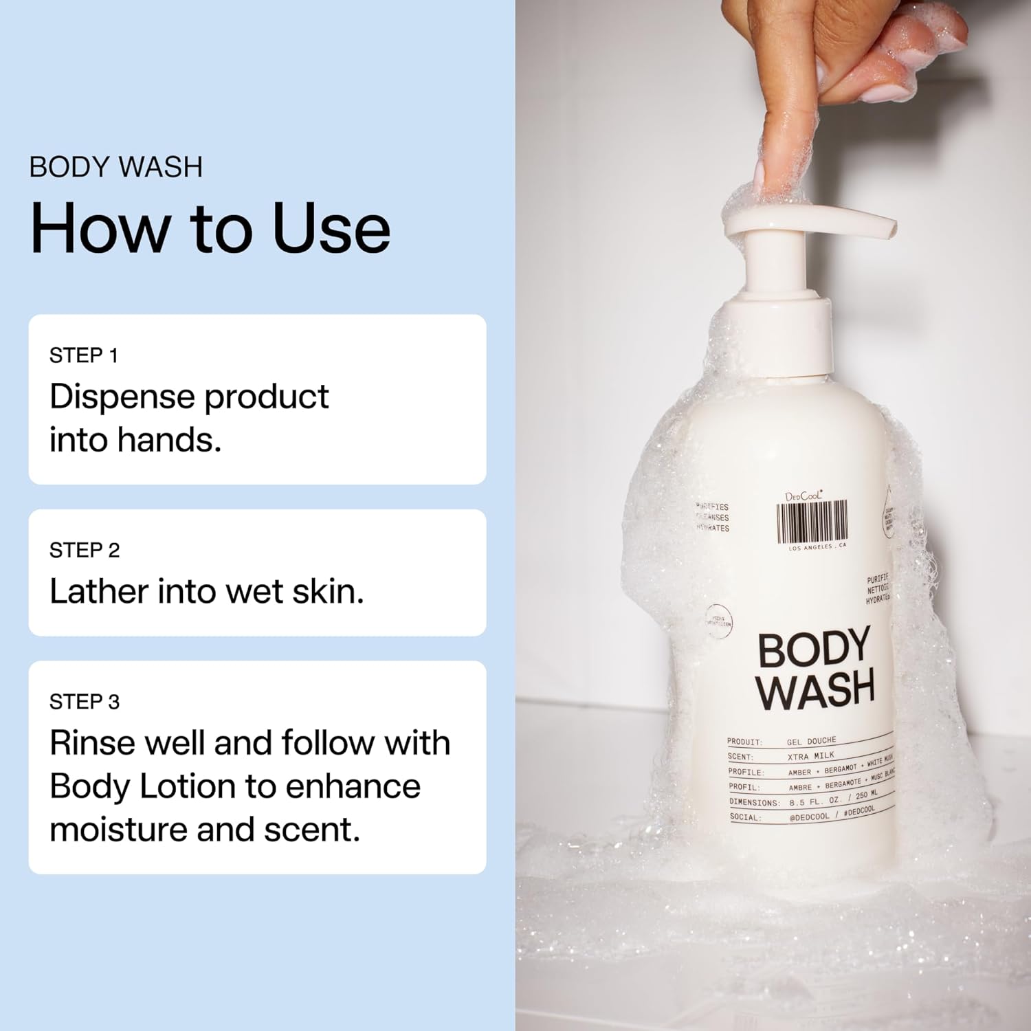 DedCool Body Wash | Xtra Milk | Shea Butter, Aloe & Snow Mushroom | Hydrating, Non-Toxic, Vegan | Bergamot, White Musk & Amber | 8.5 fl oz - Image 3