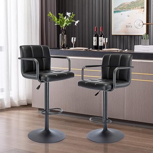 Miniatura 33 de Vogue Furniture Direct Moderno taburete de bar cuadrado de piel sintética, taburete de bar giratorio ajustable con respaldo y brazos, silla de