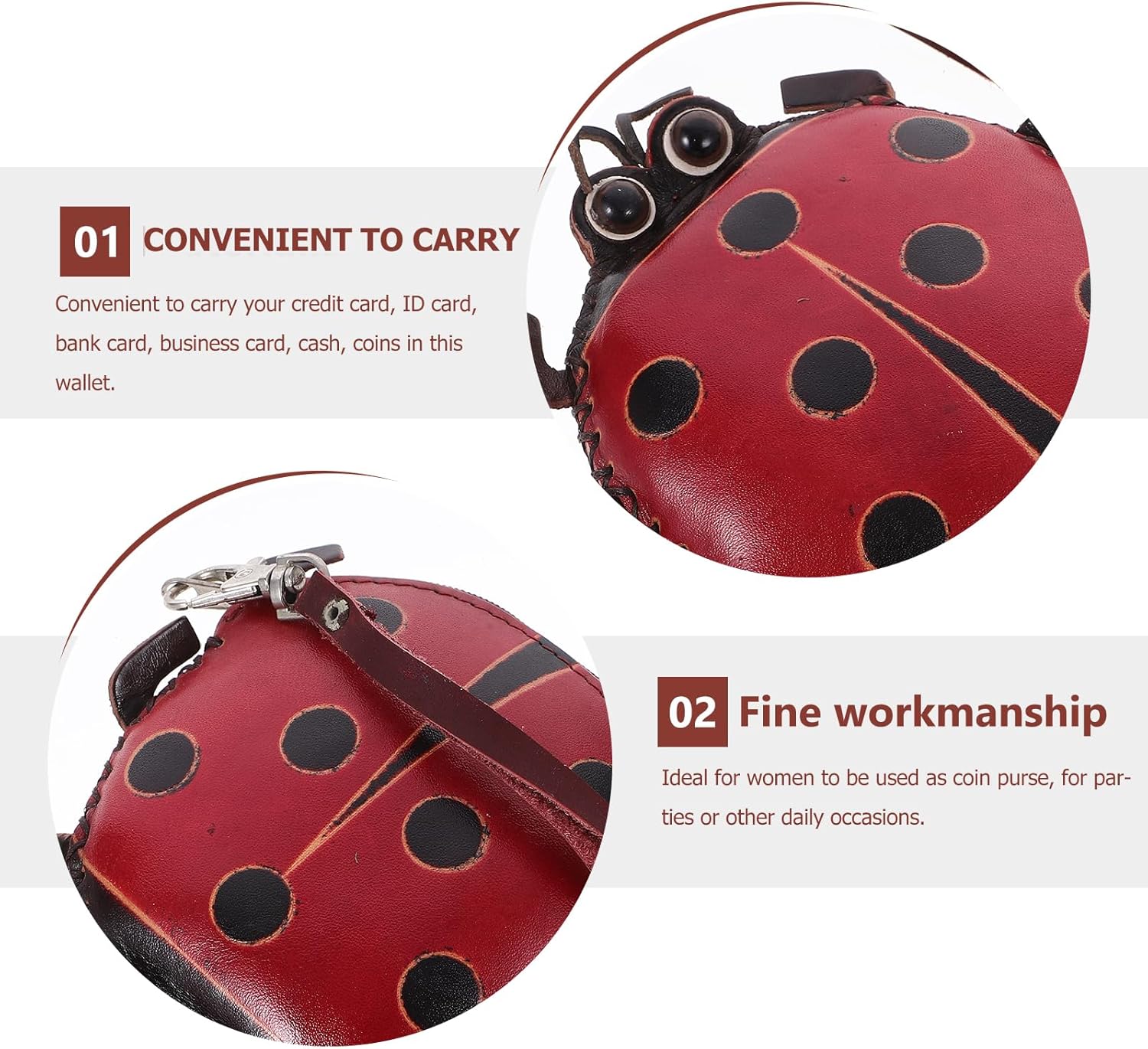 PRETYZOOM Leather Ladybug Coin Purse Change Wallet Cartoon Ladybug Dots Coin Pouch Credit Cards Holder with Zipper Red