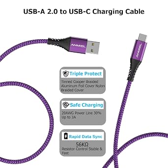 USB C Cable, [10ft 2-Pack Type C Charger Fast Charging, Long Nylon Braided Type C Charger Cord Compatible with Samsung Galaxy S10 S9 S8 Plus Note9 8 and More (Purple)