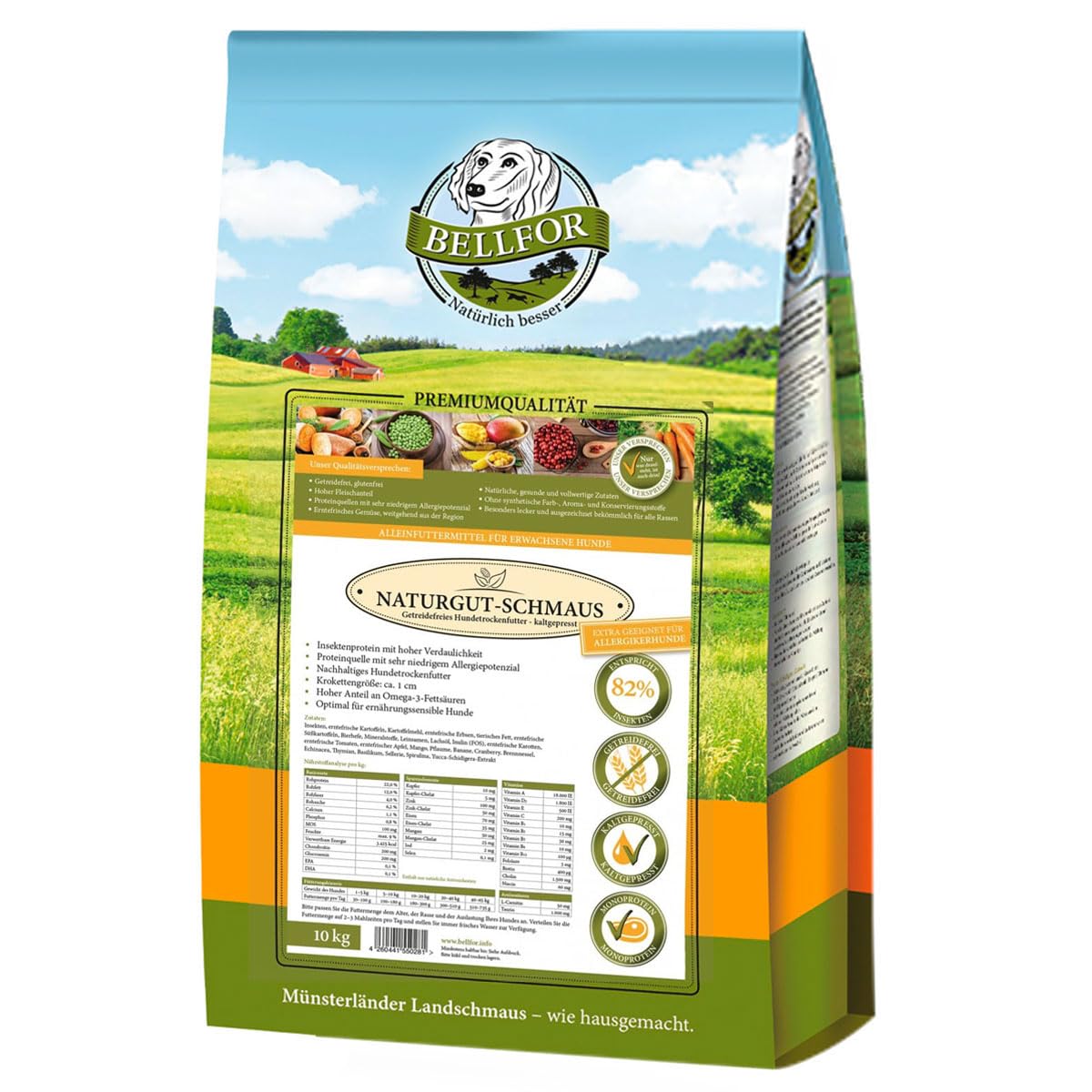 Bellfor Naturgut-Schmaus Hochwertiges Kaltgepresstes Hypoallergenes Trockenfutter für Hunde mit Insekten Getreidefrei Optimal für Ernährungssensible Hunde (10 kg)