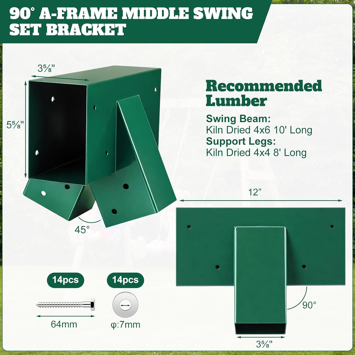 Duraaamo Heavy Duty Swing Set Bracket Kit – 3 A-Frame Hardware for DIY Outdoor Playground, Includes 2 Main Brackets & 1 Middle Bracket, Mounting Hardware for 4x4 & 4x6 Lumber(Green)