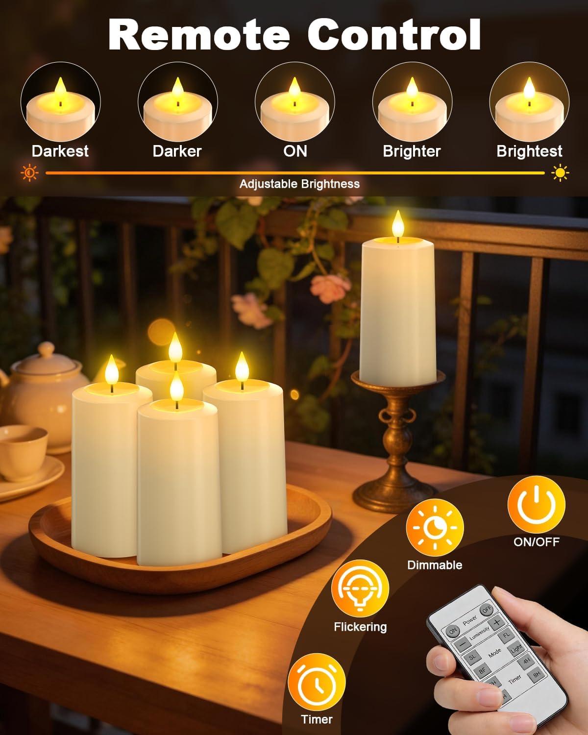 SoulBay Świece do ładowania, 4 sztuki, bezpłomieniowe, LED, elektryczne świece filarowe, migoczące z pilotem czasowym, wodoodporne do lampionów, dekoracja domu, pokoju, Halloween, dekoracje świąteczne