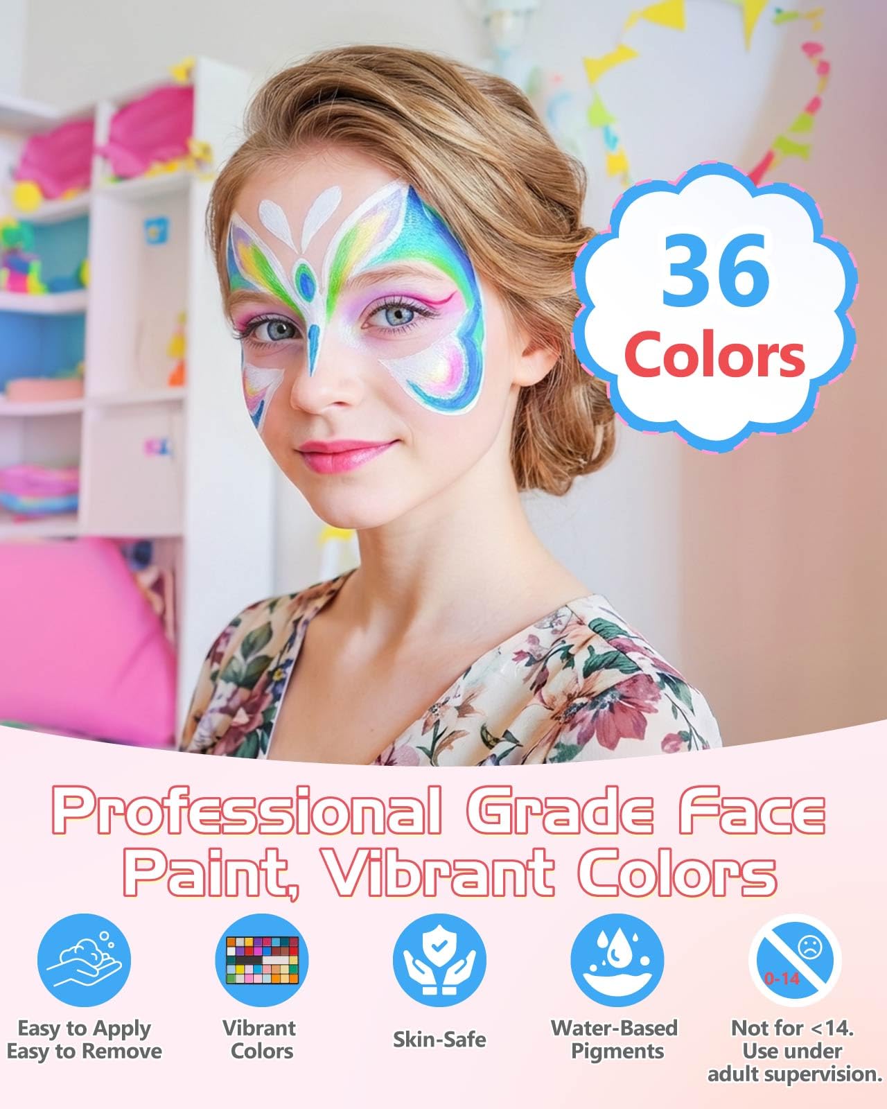 Lictin Pittura per Viso 36 Colori-Face Paint,10 Pennelli Professionali ,30 grafica per festa di Halloween, compleanno, Natale Paletta di bellezza,grande rega