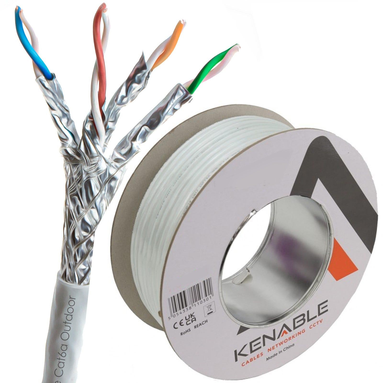 kenable Cable Ethernet Cat6a S/FTP Exterior Cobre Puro Resistente UV Impermeable Carrete 50m Blanco