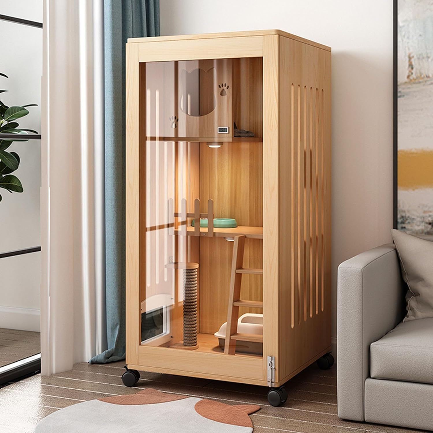 Cat Cage, Wood Cat Enclosures, Cats Houses, Multi-Feature Large Cats Bed Cave with Side Door, Wheels and LED Light, Catss Playpen for Indoor/Outdoor