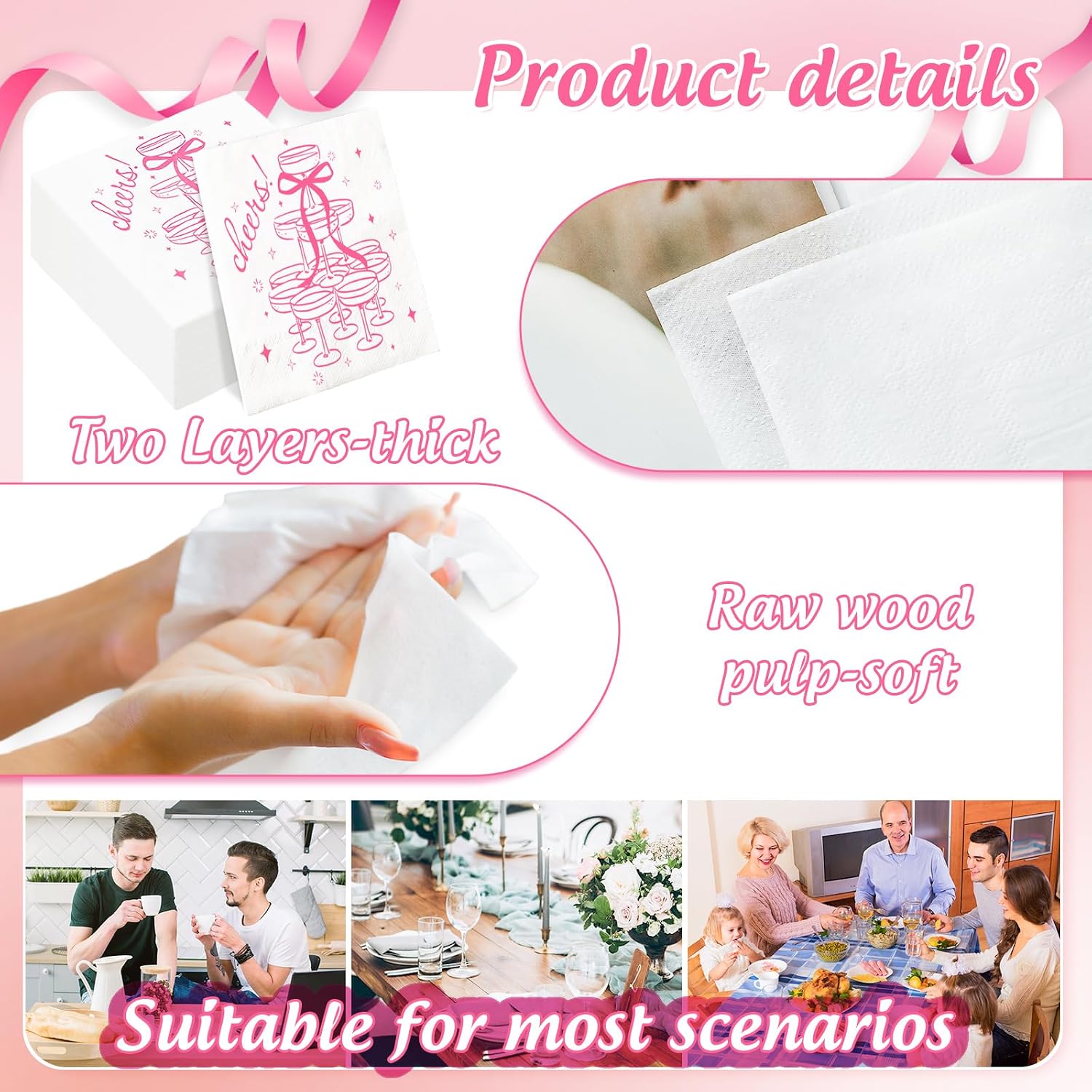 FYSUIMU 50 Pcs Pink Cheers Cocktail Napkins Paper Napkins Champagne Tower Bow Disposable Decorative Beverage Napkin for Bachelorette Party Wedding Bridal Shower Birthday Bar Supplies