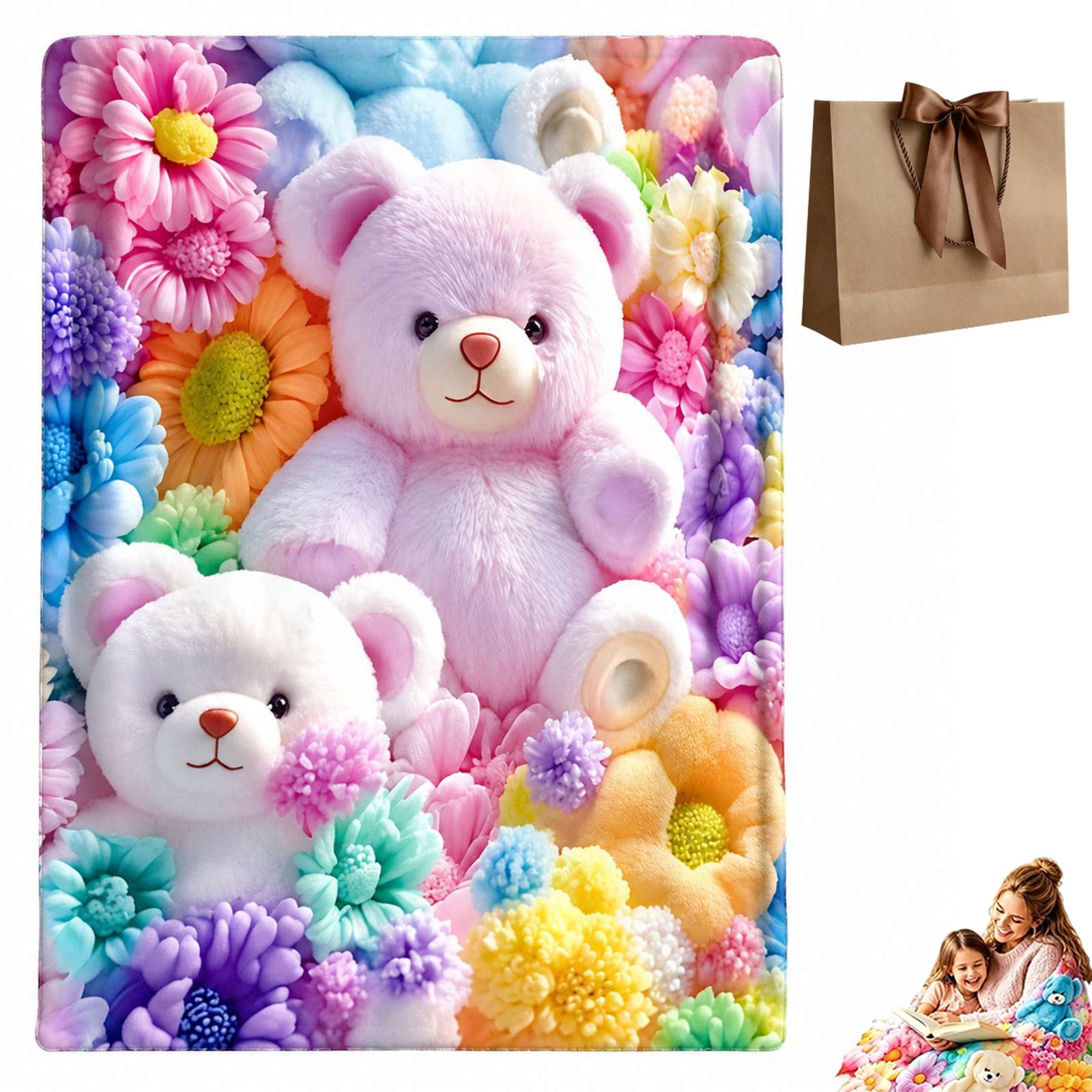 Jmwub 2027 Teddy Pastel Floral Print Throw Blanket, Kawaii Teddy Bear Blanket, 3d Plush Throw with High-Definition Pastel Print, Feels Gentle on Skin for Women, Teens, (1PC-G,130 * 150)