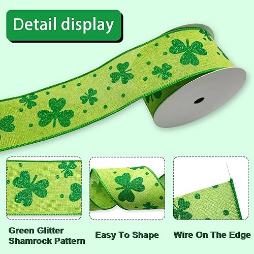 Miniatura 3 de ABTOLS Cintas del día de San Patricio de 2.5 pulgadas, 10 yardas, cinta de arpillera con borde de alambre a cuadros negros y verdes para envolver