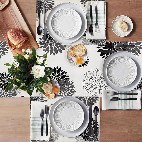 Miniatura 9 de WHOMEAF Dahlia Pinnata - Mantel individual de arpillera azul y gris, beige, moderno, elegante, con pompones, lavable, de temporada, cocina, comedor,