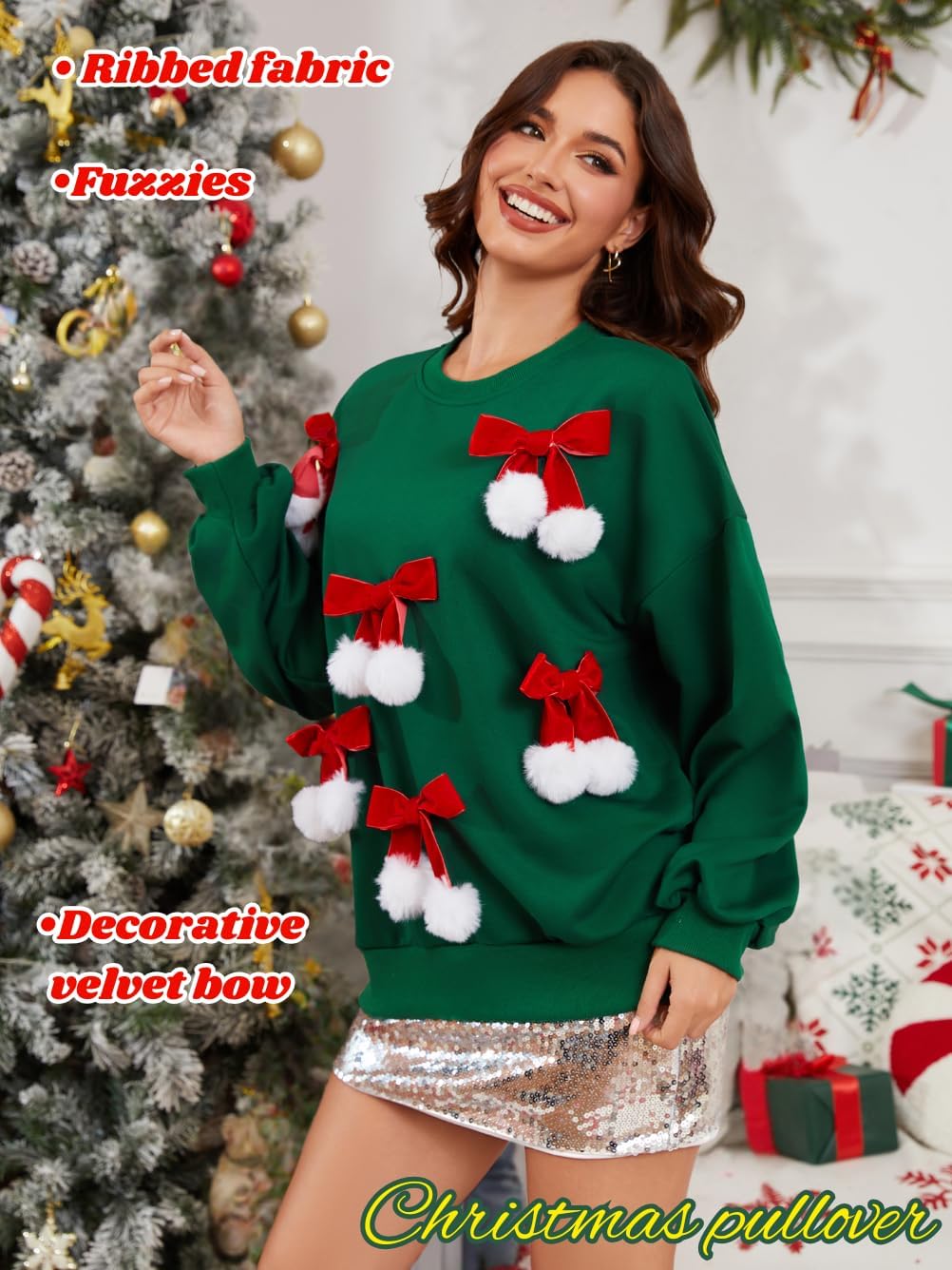 EHSUYAB Christmas Bow Sweatshirt For Women, Crewneck Fuzzy Ball Ugly Xmas Sweater, Cute Holiday Christmas Party Outfits