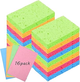 Sibba 16Pcs Cellulose Kitchen Sponges, 6 Color Compressed Cleaning Sponges, Natural Wood Pulp Non-Scratch Dish Sponge for Household Kitchen Bathroom, Dishwasher Safe, Durable & Reusable