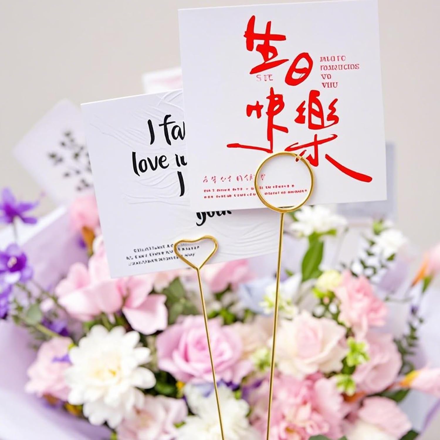 JEUIHAU 100 PCS 13.4 Inch Metal Floral Place Card Holder Picks, Metal Floral Place Card Holder, Heart Wire Photo Holder for Wedding, Birthday, Party