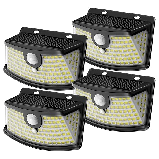 Aootek New Solar Lights 120 LEDs with Lights Reflector,270° Wide Angle, IP65 Waterproof, Easy-to-Install Security Lights for Front Door, Yard, Garage, Deck (4 Pack)