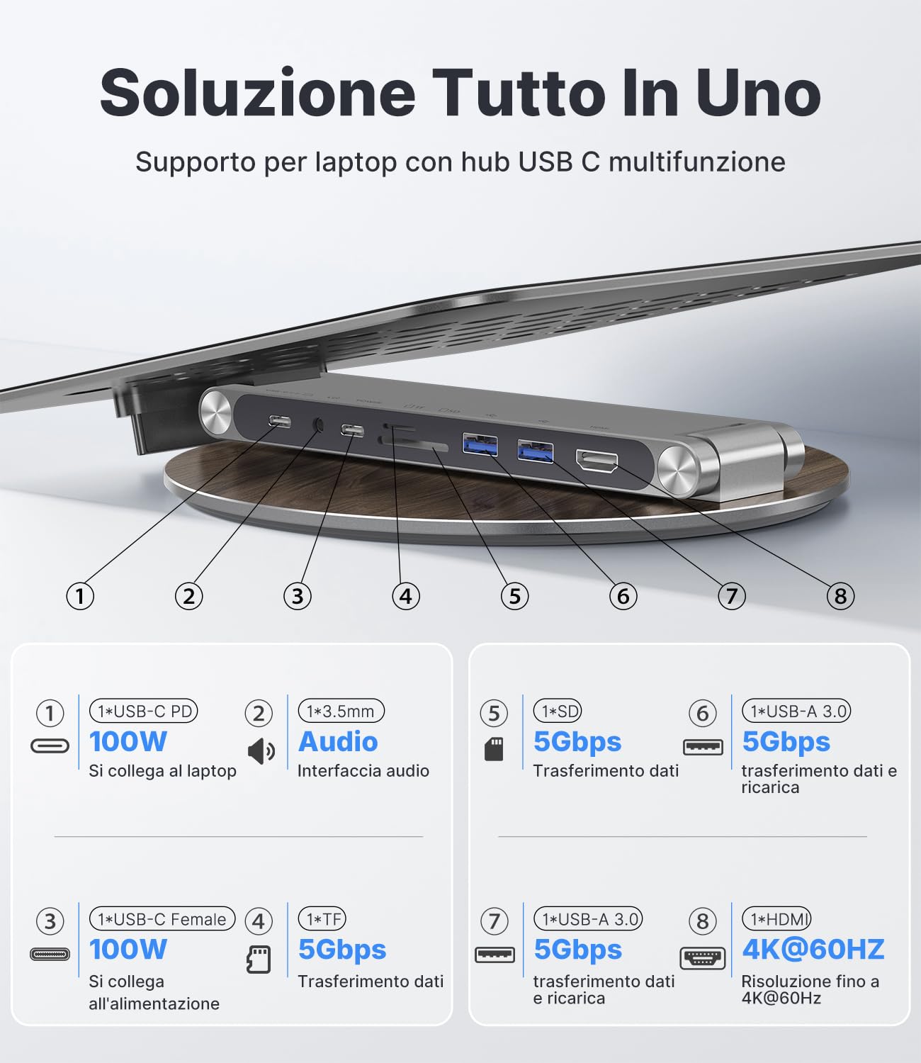 KU XIU Regolabile Supporto Laptop con Docking Station 8-in-1 Alluminio | Supporto con Base Girevole a 360°, Dual Display 4K60Hz HDMI USB 3.0 PD 100W Per MacBook Pro/Air Laptop da 10-17 Pollici