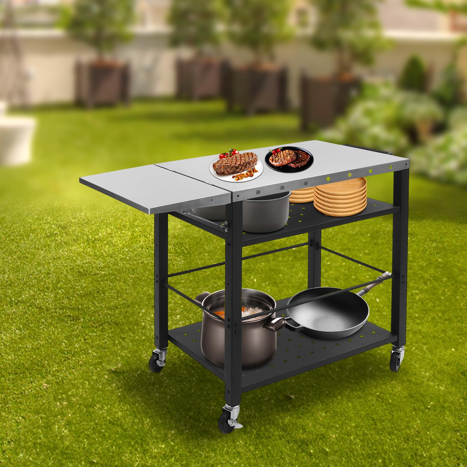 Mesa de barbacoa portátil para exteriores, barbacoa, mesa auxiliar, jardín, plegable, carrito de servir, carrito de acero inoxidable, mesa de barbacoa multifuncional con ruedas para terraza