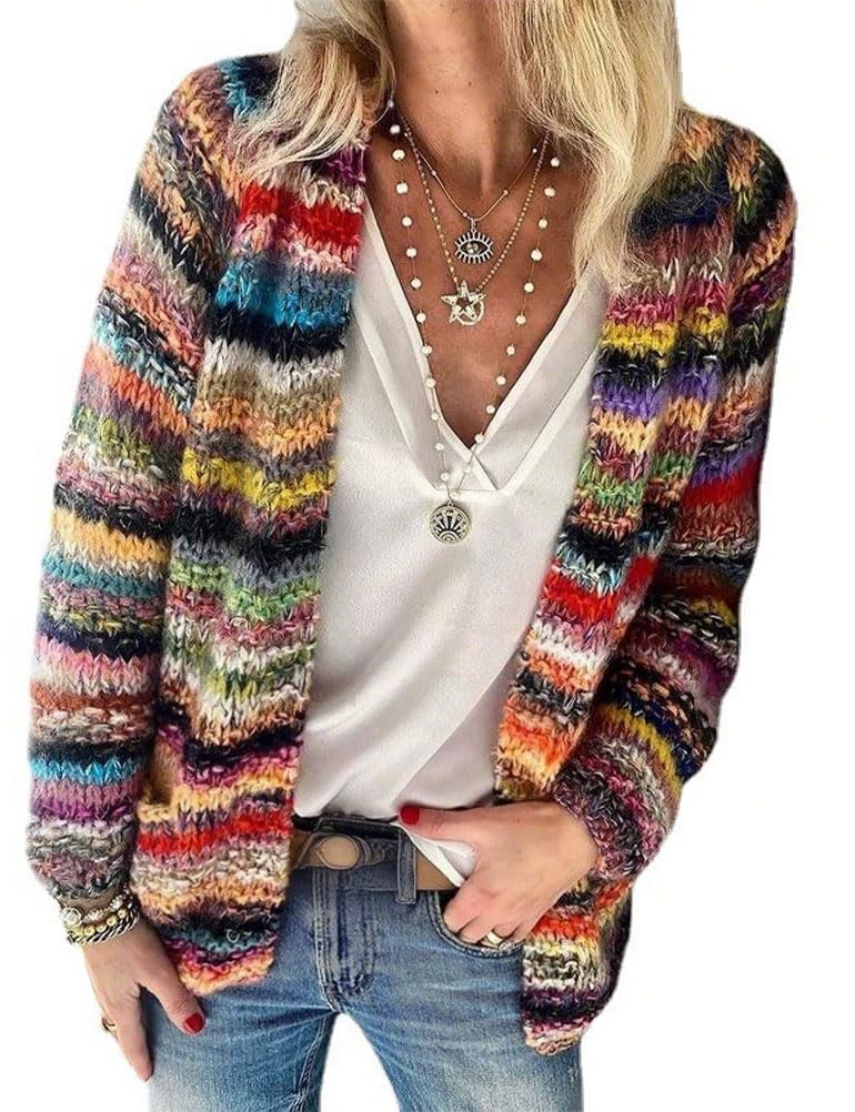 Mywinway Striped Cardigan Sweaters for Women Fall Open Front Long Sleeve Knit Colorful Multicolored Sweater Top Outerwear