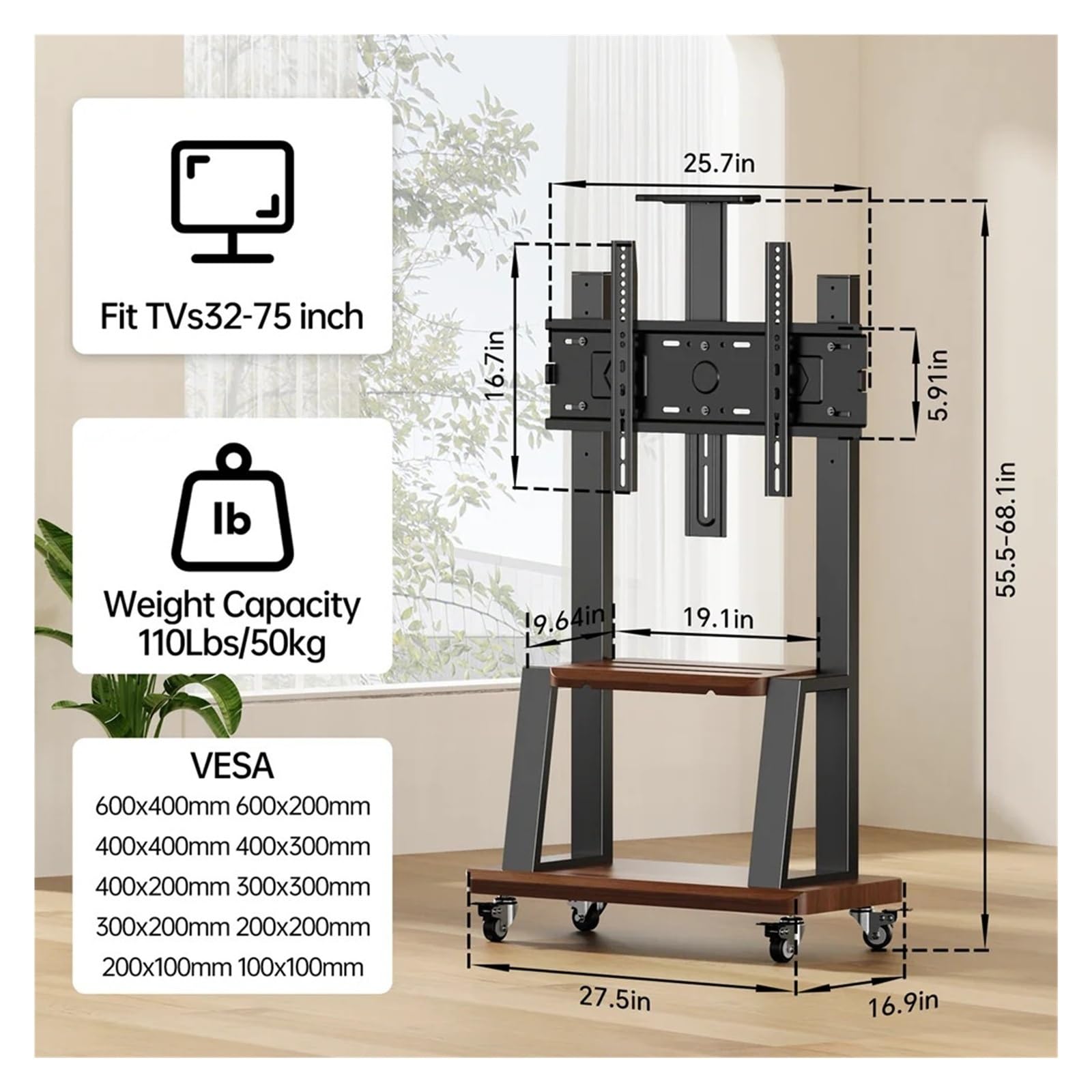 Soporte de TV móvil con Ruedas para televisores de 32 a 75 Pulgadas, Altura Ajustable, Soporte de Suelo portátil con Estante, Compatible con VESA máx. 600 x 400 mm (Negro)