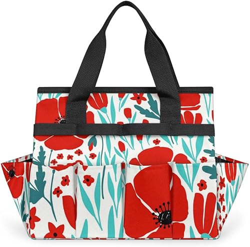 Cartoon Poppy Garden Tool Tote Bag for Women Men Gardening Tool Storage Bags with 10 Pockets Standable Garden Home Tool Kits Organizer for Indoor