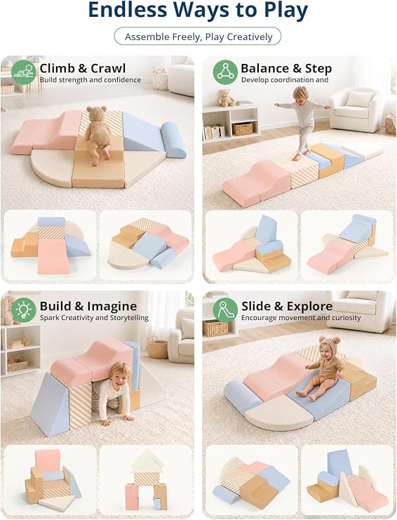 BlueWood Baby Foam Climbing Blocks, 7-Piece Soft Play Set for Crawling