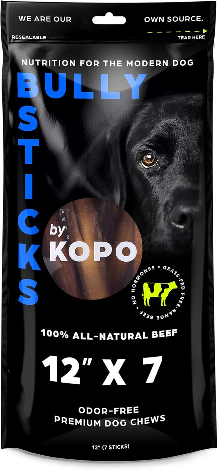 Kopo Bully Sticks 12inch (7 Pack) Odor Free Natural Dog Treats 100 Beef, Fully