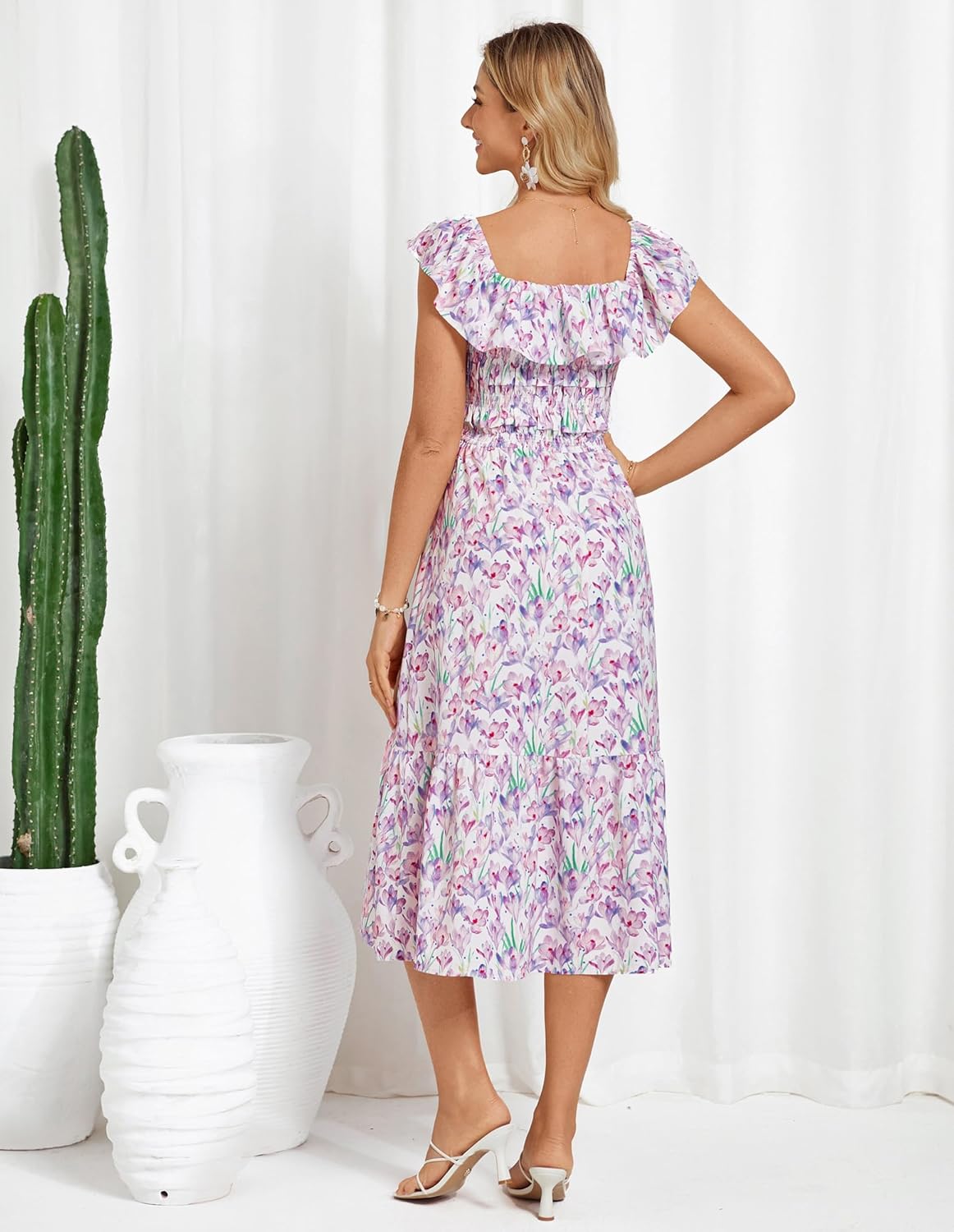 GRACE KARIN Women's Off Shoulder Floral Summer Ruffle Midi Sleeveless Boho Smocked Flowy Aline Dresses