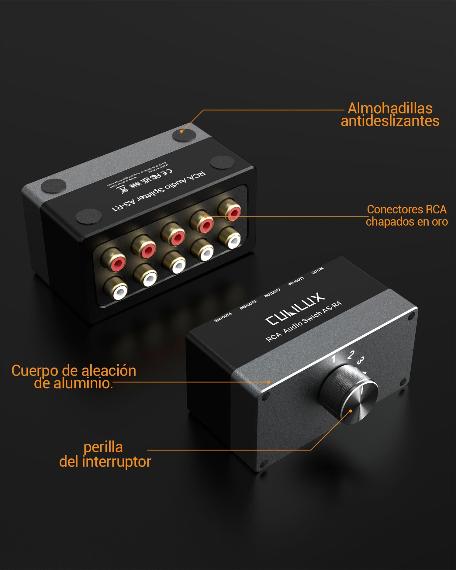 Cubilux AS-R4 Conmutador RCA bidireccional de 4 vías, Caja selectora de Altavoz RCA estéreo pasivo de 4 Canales, Conmutador de Audio RCA de 1 Entrada a 4 Salidas/4 entradas a 1 Salida