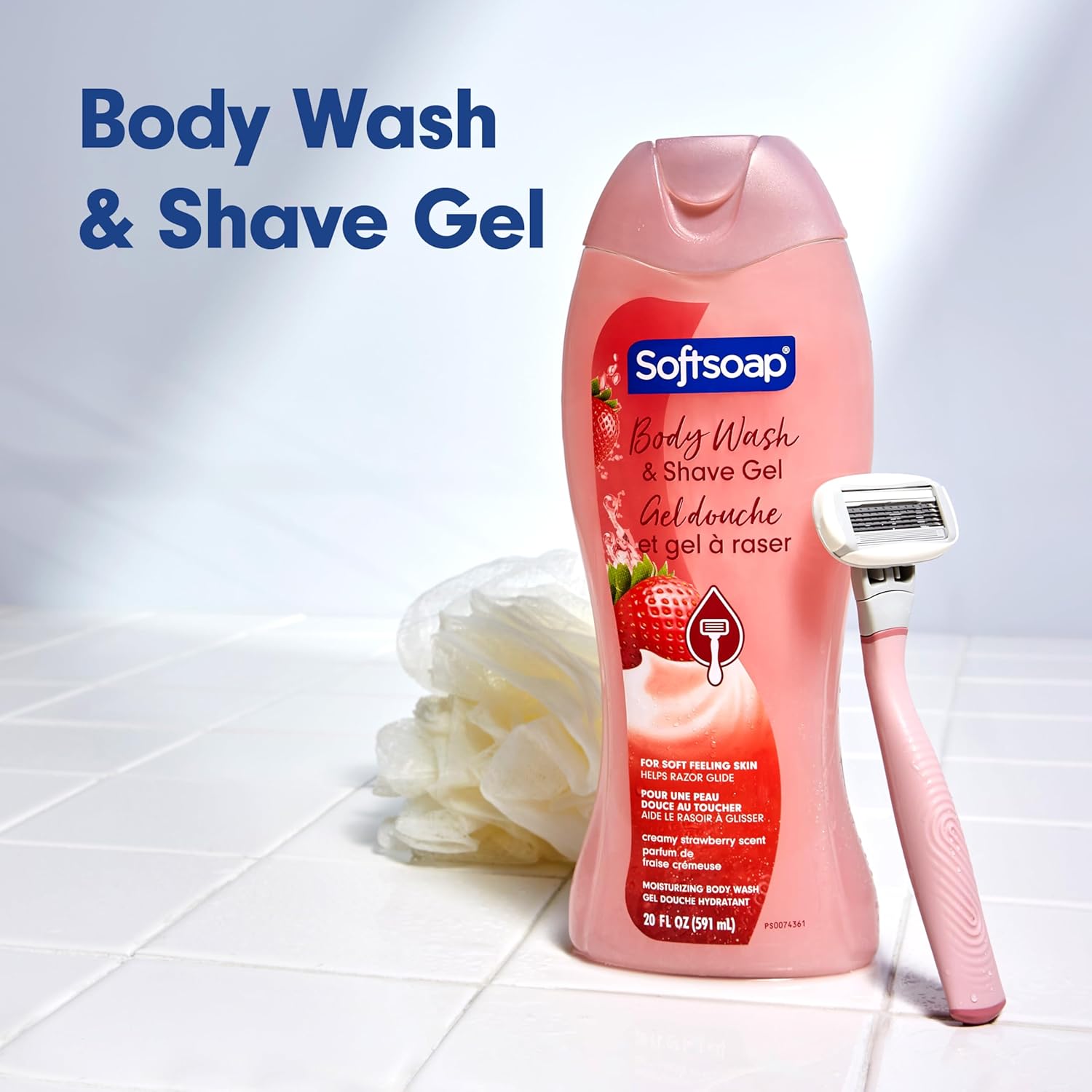 Softsoap Moisturizing Body Wash and Shave Gel, Creamy Strawberry Scent, 20 fl oz Bottle (Pack of 4) - Image 2