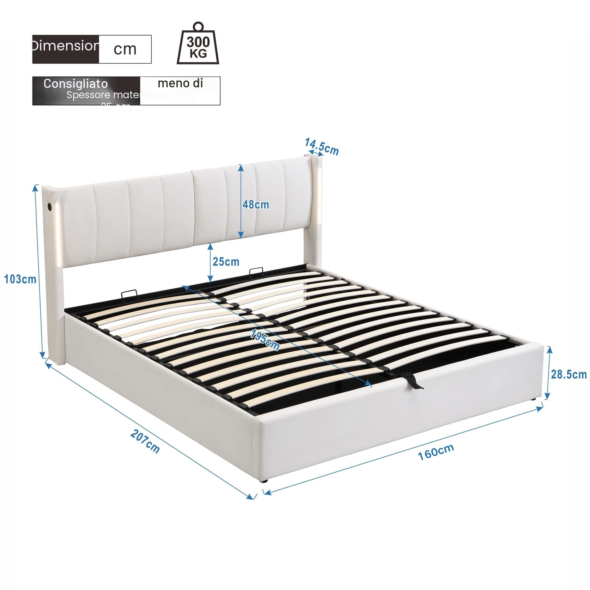 Zepneiy Letto matrimoniale con rete a doghe LED e USB, contenitore portaoggetti e testiera regolabile, imbottito con telaio 160x200 (senza materasso)