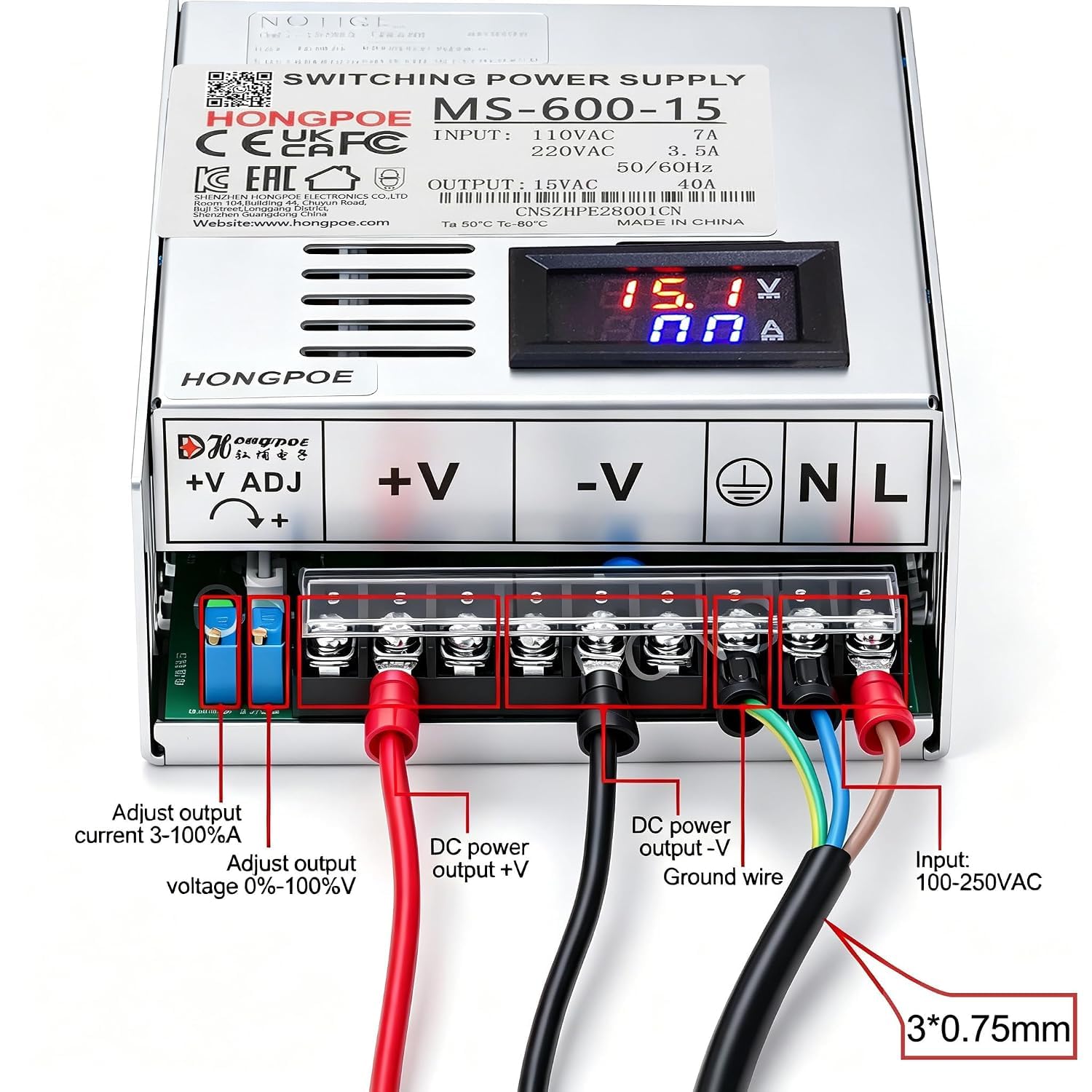 15V Power Supply, AC 110V/220V to DC 0-15V 40A 600W Power Converter, AC to DC Adapter, Low Voltage Transformer, Suitable for Landscape Lights, LED adapters, etc.