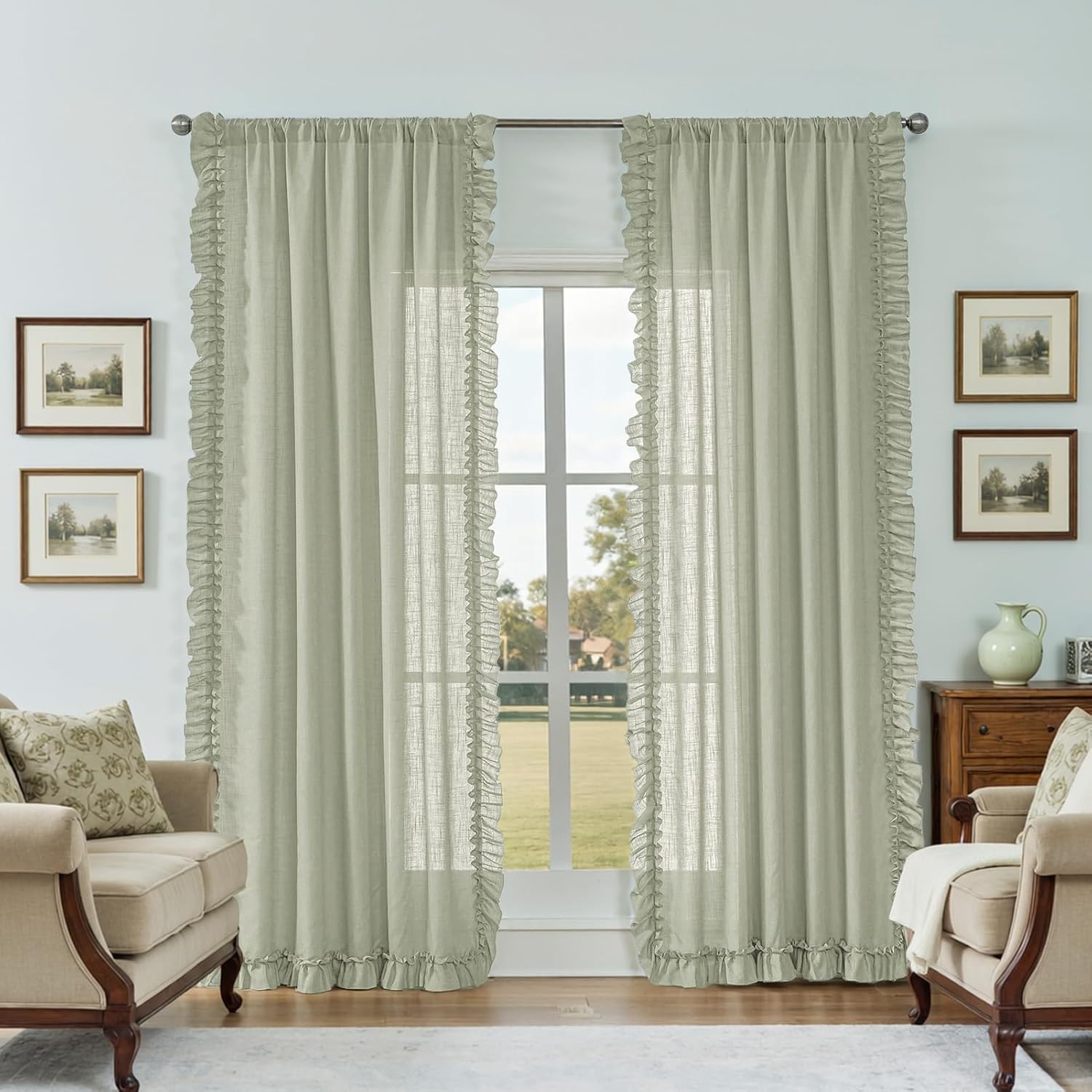 Dark Sage Green Linen Curtains 63 Inch Length, 2 Panels, W58 x L63 In, Linen Textured Boho Farmhouse Ruffle Curtains for Bedroom, Rod Pocket Privacy Light Filtering Semi-Sheer Flowy Scalloped Curtain