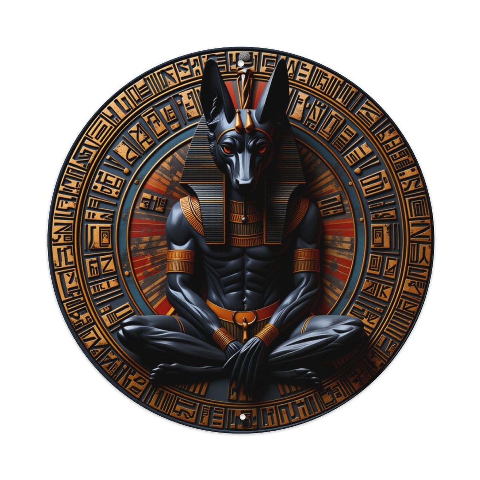 Egyptian God Anubis With Hieroglyphic Border Round Tin Sign Retro Metal Sign for Cafe Bar Pub Home Game Room Gym Club Wall Decoration Vintage Metal Poster 8x8 Inch