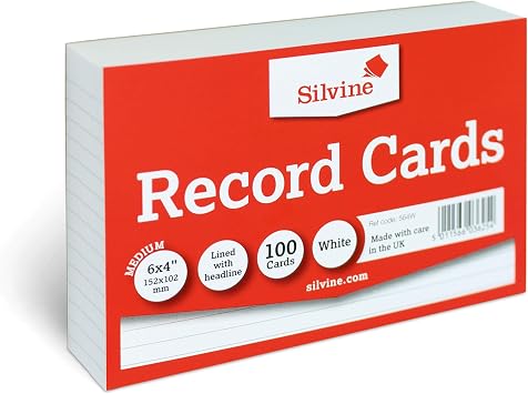 Silvine 6x4 White Flash Cards - Lined with Headline 100 Record Cards for Study, Presentations and Notes